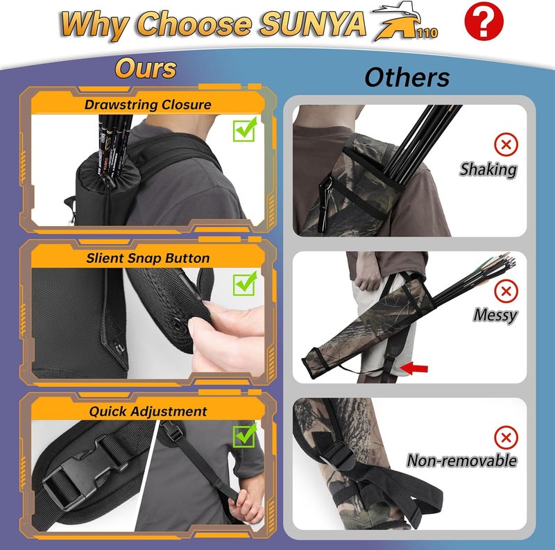 Sunya Archery Arrow Quiver with Shoulder Carrying Belt. Back Arrow Bag Holder and Side Waist Hip Quiver - Two in One for Practice - Image 2